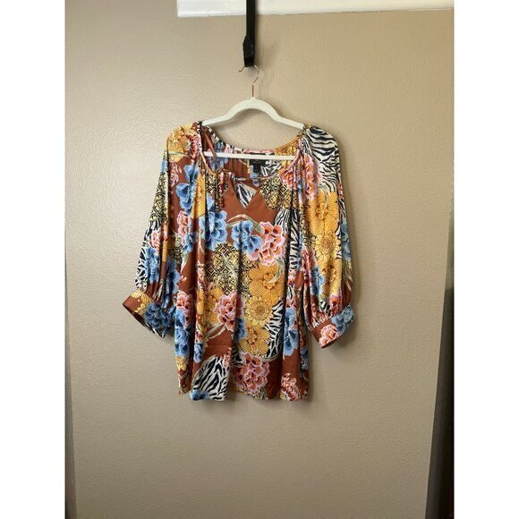 JM Collection Women's Blouse Size‎ large Brown Floral long sleeve polyester - Picture 1 of 7
